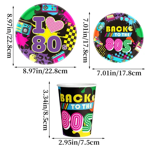 Decorazione per Festa di Compleanno a Tema Anni 80 Retro Piatti di Carta Bicchieri Coltello Forchetta Cucchiaio in Plastica