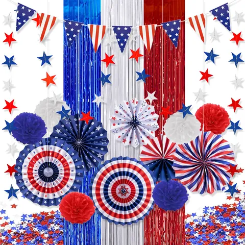 US Independence Day Party Decoration Red White Blue Paper Fan Tinsel Curtain Star Garland Banner For 4th Of July Celebration