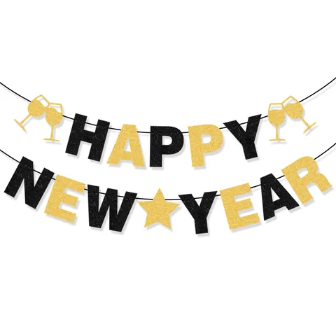 Schwarz Gold Glitzer Happy New Year Banner Für Party Deko Champagnerglas Stern Papier Girlande Festliches Hängeschild