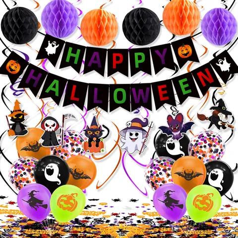 Set Décoration Fête Halloween Bannière Happy Halloween Boules Alvéolées Ballons Latex Spirales Suspendues pour Centre Commercial École Maison