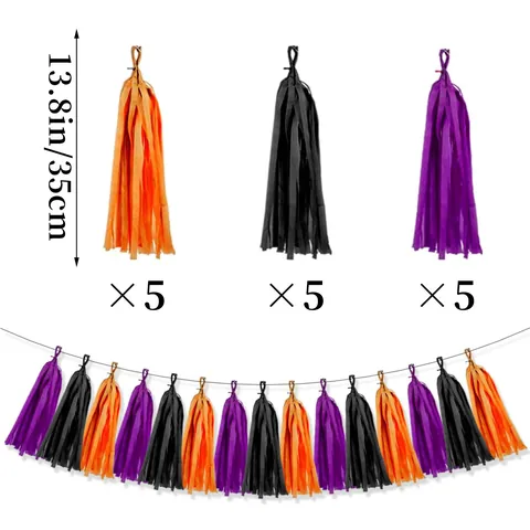 Halloween Paper Tassels Garland Purple Black Orange Tassel Banner For Birthday Party Room Decor Festive Party Supplies
