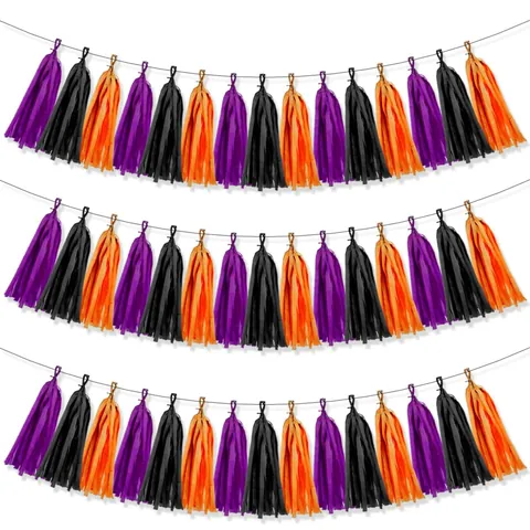 Halloween Paper Tassels Garland Purple Black Orange Tassel Banner For Birthday Party Room Decor Festive Party Supplies