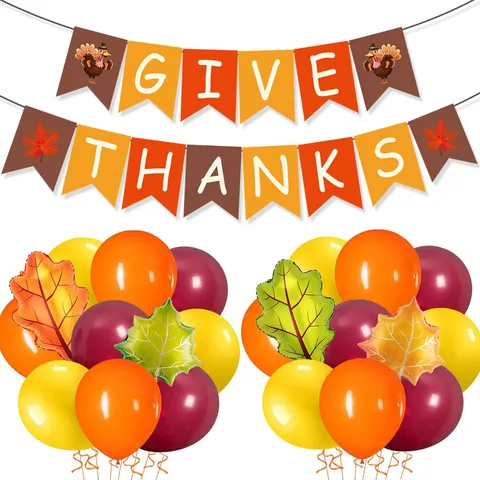 Thanksgiving Party Decoration Give Thanks Banner Turkey Maple Leaf Foil Latex Balloons Autumn Harvest Celebration Decor