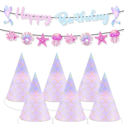 Decoración de Fiesta de Cumpleaños de Sirena Pancarta Happy Birthday Papel Guirnalda Concha Estrella de Mar Gorros Fiesta