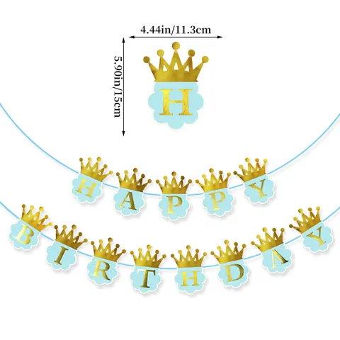Golden Crown Happy Birthday Banner Blue Cloud Letter Garland Kids Boys Birthday Party Decorations Paper Hanging Decor