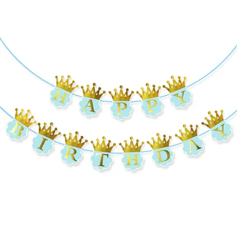 Golden Crown Happy Birthday Banner Blue Cloud Letter Garland Kids Boys Birthday Party Decorations Paper Hanging Decor