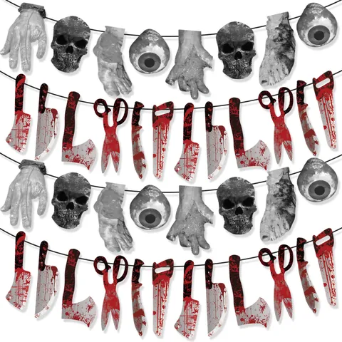 Halloween Horror Banner Bloody Knives Severed Hands Feet Skulls Eyeballs Garland Haunted House Party Decor Paper Banners