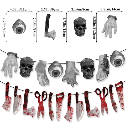 Halloween Horror Banner Bloody Knives Severed Hands Feet Skulls Eyeballs Garland Haunted House Party Decor Paper Banners