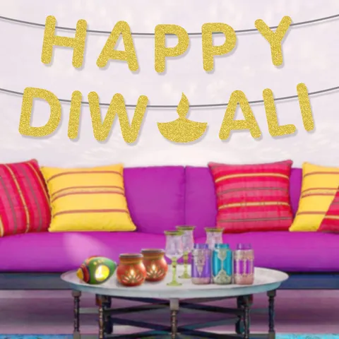 Happy Diwali Gold Glitter Banner Diya Lamp Garland For Indian Festival Party Home Wall Hanging Backdrop Decorations Set