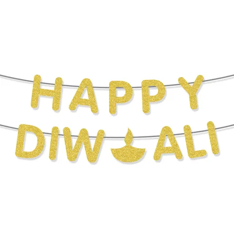 Happy Diwali Gold Glitter Banner Diya Lamp Garland For Indian Festival Party Home Wall Hanging Backdrop Decorations Set