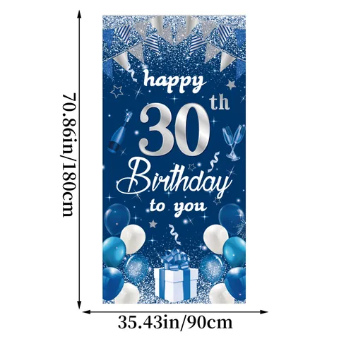 Happy 30th Birthday Party Banner Vertical Poster Decoration Polyester Fabric Black Gold Blue Pink Celebration Backdrop