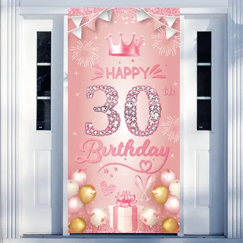 Happy 30th Birthday Party Banner Vertical Poster Decoration Polyester Fabric Black Gold Blue Pink Celebration Backdrop