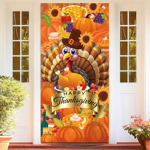 Thanksgiving Door Banner Polyester Harvest Festival Poster Turkey Pumpkin Scarecrow Gnome Autumn Party Decoration