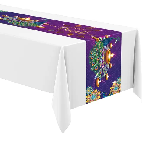 Diwali Table Runner Happy Diwali Decorations Traditional Mandala Peacock Diya Lamp Printed Polyester Festival Party Dining Table Decor Accessory