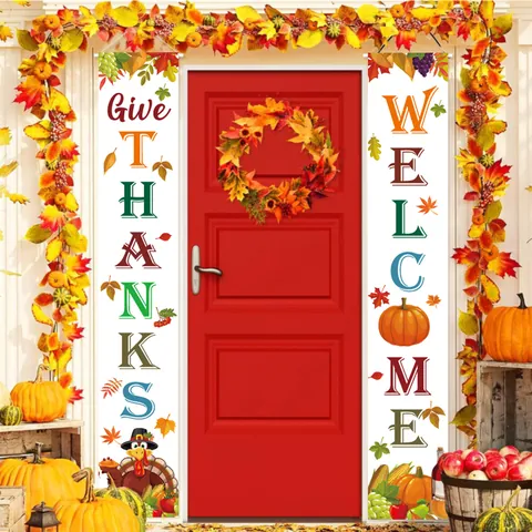 Striscione per Portico del Ringraziamento Cartello di Benvenuto Zucca di Raccolto Tacchino Autunno Decorazione Appesa per Porta Esterna