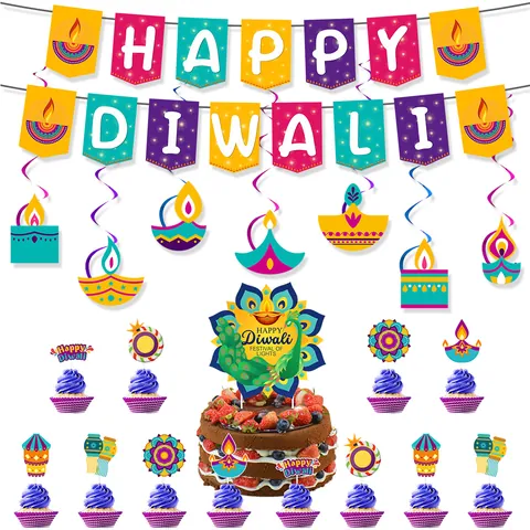 Happy Diwali Decorazioni per Feste Striscione di Carta Spirali Appese Pavone Lampada a Olio Cake Topper Articoli per Feste