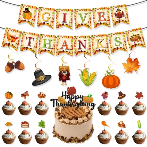 Set Decorazione Festa Ringraziamento Raccolto Autunnale Banner Carta Pavo Zucca Foglia Acero Spirali Topper Torta Palloncino Evento