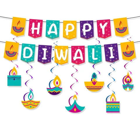 Happy Diwali Banner And Hanging Spirals Decoration Paper Diya Lamp Ornament For Festival Party Venue Layout Indian Backdrop