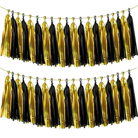 Guirlande de Glands en Papier d'Aluminium Métallique Noir Or pour Décoration de Fête d'Anniversaire Nouvel An Décor de Fond