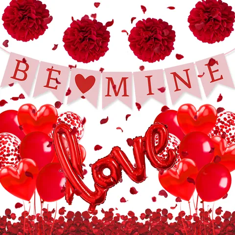 Valentine's Day Party Decoration Set Happy Valentine's Day Be Mine Love Banner Heart Foil Latex Balloons Rose Petals Romantic Wedding Decor
