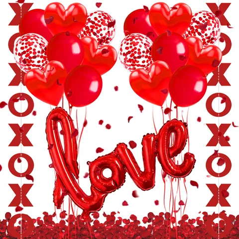 Decoración Romántica para Fiesta de San Valentín Globo Love de Aluminio Globos Corazón de Látex Pétalos de Rosa Roja