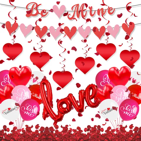 Valentine Day Party Banner Heart Latex Balloons Aluminum Foil Love Balloon Rose Petals Hanging Decor For Wedding Proposal
