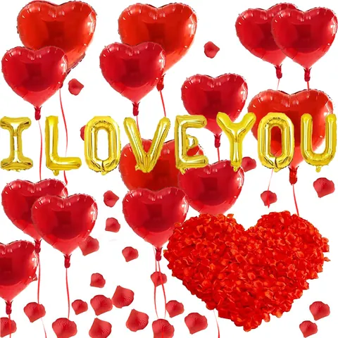 Ensemble de Décoration Ballon I Love You Saint-Valentin Ballons Cœur Rouge Lettres d'Or Pétales de Rose en Soie pour Mariage Fête
