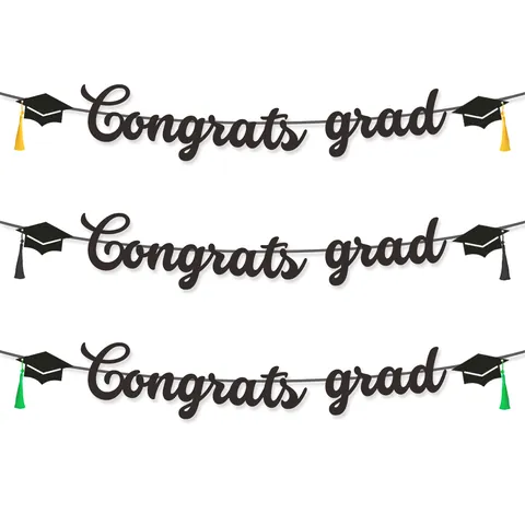 Congrats Grad Graduation Banner Glitter Paper Mortarboard Hat Banners With Tassels For Graduation Party Ceremony Decorations