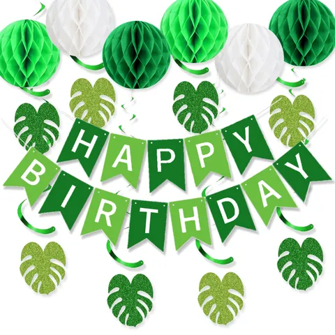Green Leaf Happy Birthday Party Decoration Set Monstera Leaf Banner Honeycomb Balls Spiral Swirls Tropical Jungle Party Decor