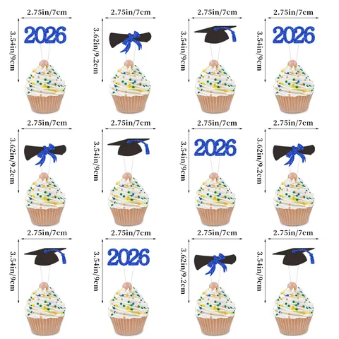 Class of 2026 Graduation Cupcake Toppers Glitter Gold Blue Cake Picks Graduation Cap Diploma Decorative Party Favors For Graduates Dessert