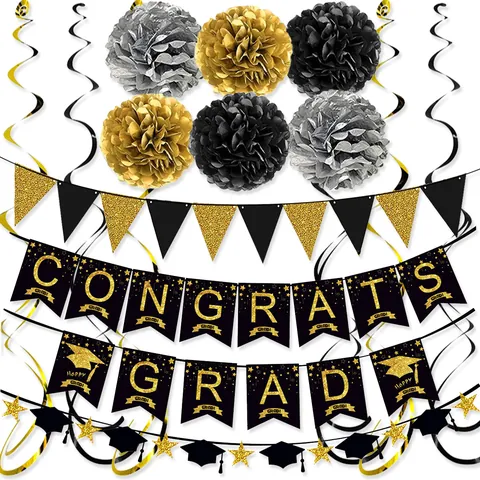 Black Gold Graduation Party Decor Congrats Grad Banner Paper Pom Poms Triangular Flags Spirals Hanging Swirls Graduation Supplies