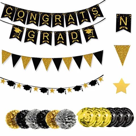 Black Gold Graduation Party Decor Congrats Grad Banner Paper Pom Poms Triangular Flags Spirals Hanging Swirls Graduation Supplies