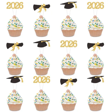 Class of 2026 Graduation Cupcake Toppers Glitter Gold Blue Cake Picks Graduation Cap Diploma Decorative Party Favors For Graduates Dessert