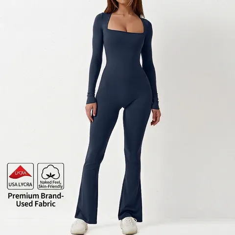 Damen Eckiger Ausschnitt Langarm Yoga Jumpsuit Nahtlose Slim Fit Ausgestellte Leggings Sportlicher Workout Bodysuit Fitnessbekleidung