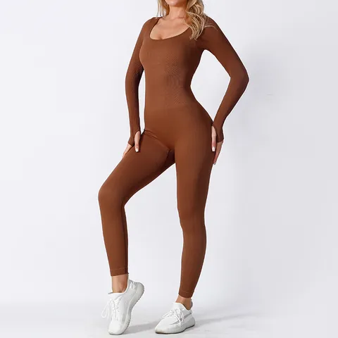 Women's Seamless Ribbed Long Sleeve Yoga Jumpsuit High Stretch Butt Lifting Unitard Workout Fitness Bodysuit
