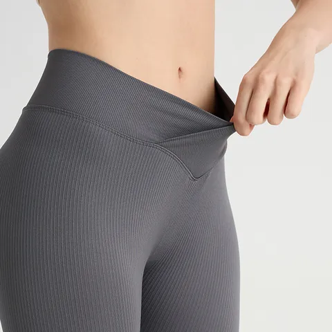 Women Crossover Waist Ribbed Yoga Leggings Seamless High Waist Tummy Control Workout Fitness Pants Nylon Spandex Gym Leggings