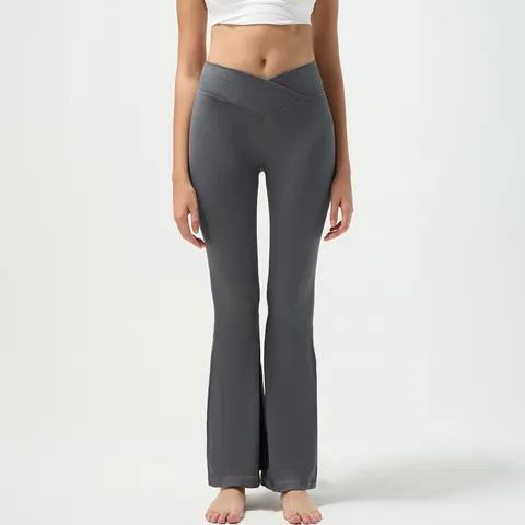 Women's High Waisted Crossover Ribbed Yoga Flared Pants Slim Fit Bootcut Workout Trousers For Gym Fitness Casual Athleisure