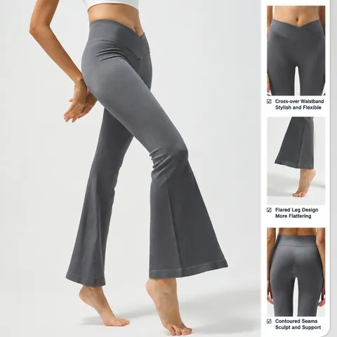 Dames Hoge Taille Gekruiste Geribbelde Yoga Broek met Wijde Pijpen Slim Fit Bootcut Sportbroek voor Gym Fitness Casual
