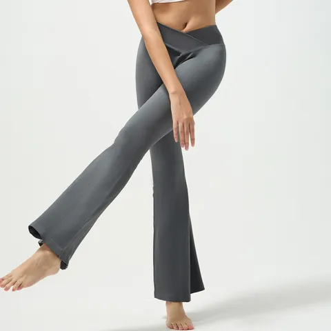 Women's High Waisted Crossover Ribbed Yoga Flared Pants Slim Fit Bootcut Workout Trousers For Gym Fitness Casual Athleisure