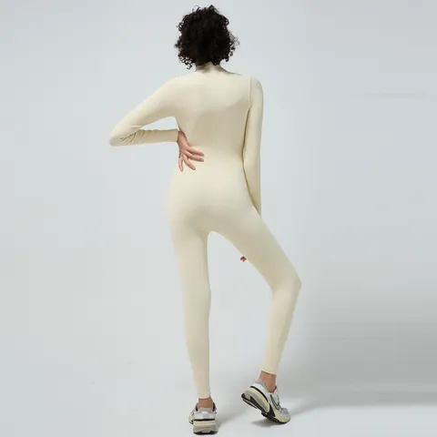 Women Long Sleeve Ribbed Yoga Jumpsuit Half Zipper Stand Collar High Elastic Polyamide One Piece Bodysuit Sportswear Fitness Gym Jumpsuit