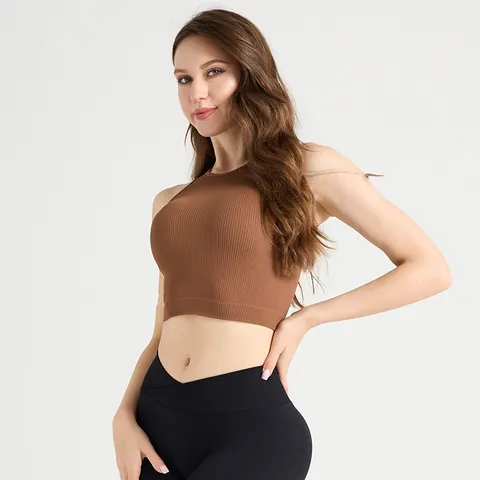 Seamless Ribbed Yoga Tank Top For Women Slim Fit Cropped Sports Bra Sleeveless Workout Fitness Gym Top Nylon Elastane