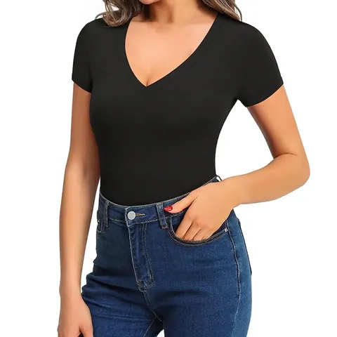 Women's Seamless V Neck Short Sleeve Bodysuit High Stretch Nylon Spandex Yoga Sport Jumpsuit Slim Fit Basic Daily Top