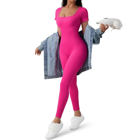 Women Ribbed Short Sleeve Square Neck Jumpsuit Nylon Spandex Slim Fit One Piece Bodysuit For Yoga Fitness Casual Wear