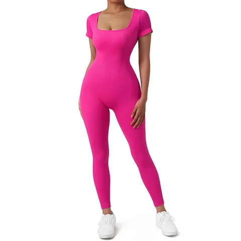 Women Ribbed Short Sleeve Square Neck Jumpsuit Nylon Spandex Slim Fit One Piece Bodysuit For Yoga Fitness Casual Wear