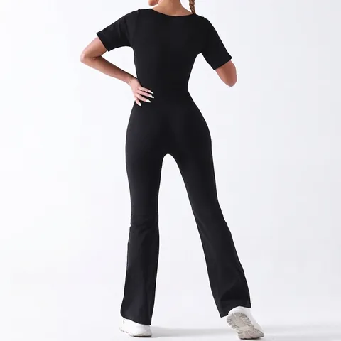 Tuta Intera da Donna Scollo Quadrato Manica Corta Gamba a Campana Senza Cuciture Aderente Yoga Fitness Sportswear