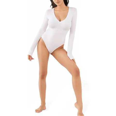 Women's Deep V-Neck Long Sleeve Bodysuit Slim Fit Stretchy Yoga Fitness Romper Solid Color Casual Layering Top For Women