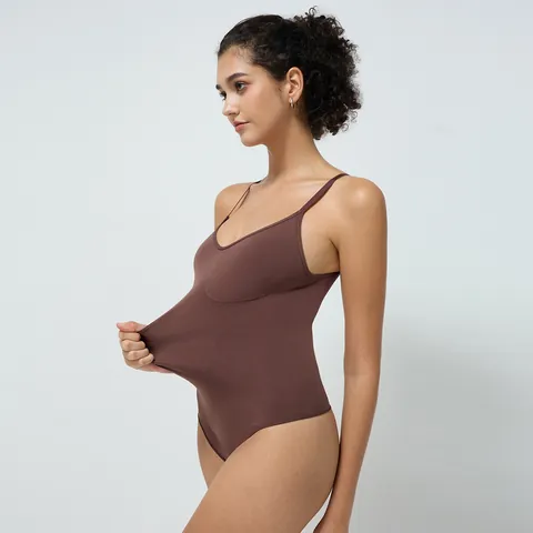 Women High Stretch Seamless Bodysuit Slimming Shapewear Thin Strap V Neck Nude Feeling Yoga Jumpsuit Daily Underwear Top