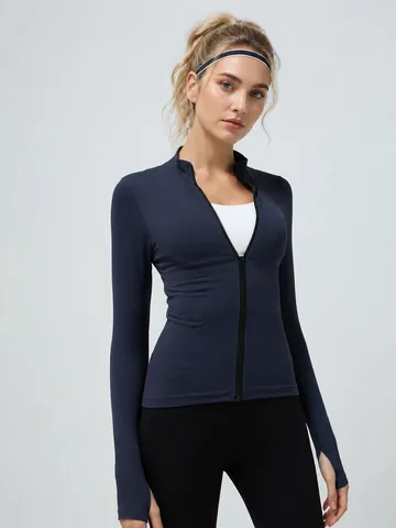 Dames Naadloze Yoga Jas Volledige Rits Sneldrogende Fitness Top Ademend Sportjack met Duimgaten Nylon Elastaan