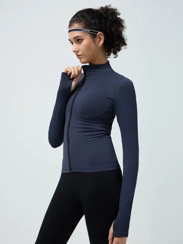 Women's Seamless Yoga Jacket Full Zip Quick Dry Workout Top Breathable Fitness Jacket with Thumbholes Nylon Spandex