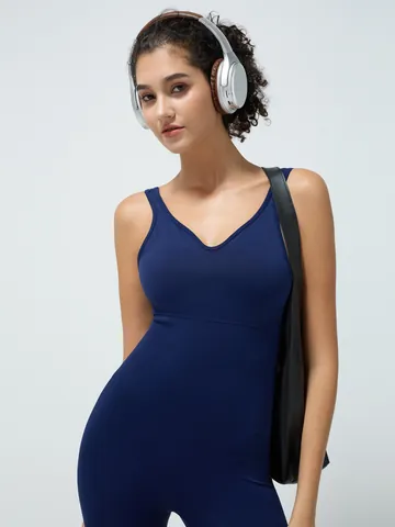Women Backless Yoga Bodysuit V-Neck Sleeveless Flare Leg Jumpsuit Padded Sports Activewear One Piece Yoga Outfit For Gym